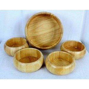 Elan Light Natural Wood Finish Salad Bowl Set Serving Bowl w 4 Individual Bowls